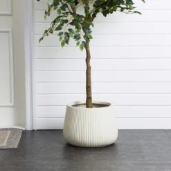 LuxenHome 15.5" Dia Round Concrete Planter Large Indoor Outdoor Plant Pot With Drainage Hole And Plug Modern Off-White Ripped Flower Pot -LuxenHome GUEST 6eed1c95 513f 4873 a6db da86cf5bba87