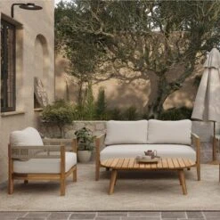 LuxenHome Outdoor Acacia Wood With Rope Sides 4-Person Club Patio Set With Coffee Table -LuxenHome GUEST 725663e2 1777 42f1 ac9e ab74202b2d69