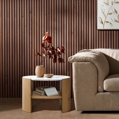 LuxenHome Natural Finish Manufactured Wood 23.6-Inch Round Coffee Table With Faux Marble Top Brown 2 LuxenHome Natural Finish Manufactured Wood 23.6-Inch Round Coffee Table With Faux Marble Top Brown - Image 2