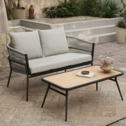 LuxenHome Outdoor Aluminum With PE Rope Loveseat Sofa With Cushions And Coffee Table Set -LuxenHome GUEST 75494302 4f64 4c8d ad99 742aa76410d8