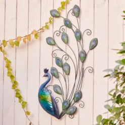 LuxenHome Blue And Green Peacock Metal And Glass Wall Decor, Indoor And Outdoor Decor..
