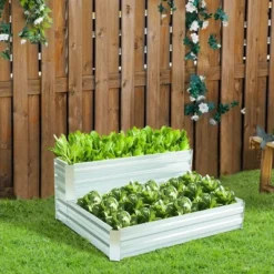 LuxenHome 2-Tier Rectangular Galvanized Steel Raised Garden Bed Planter