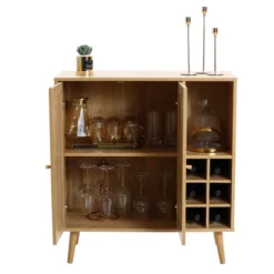 LuxenHome 35" Tall 2-Door Rattan Light Oak Finish Wood Wine And Storage Cabinet Brown -LuxenHome GUEST 790683d5 922b 40f7 911e 647c6b7f1ec6