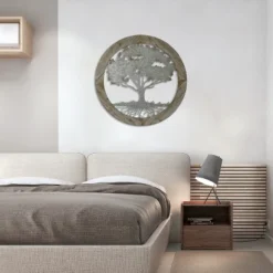 LuxenHome Metal Tree Of Life With Roots Wall Decor With Round Wood Frame -LuxenHome GUEST 7a68f4e2 fe7d 4e82 8ed3 10466ab25bcb