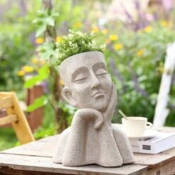 LuxenHome Speckled Beige MgO Thoughtful Bust Head Planter