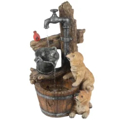 LuxenHome Resin Puppies And Water Pump Outdoor Fountain With LED Light