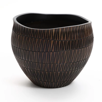 LuxenHome Brown With Black V-Pattern Polyresin 12-Inch Round Planter 8 LuxenHome Brown With Black V-Pattern Polyresin 12-Inch Round Planter - Image 8
