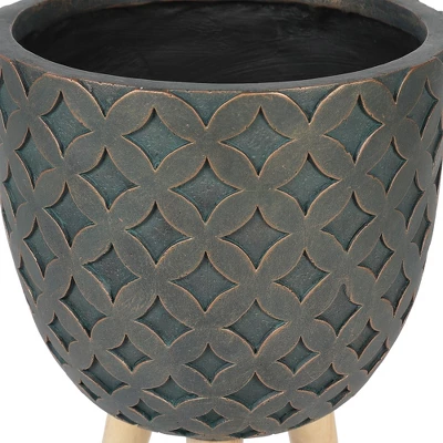 LuxenHome Butterfly Embossed Brown 14.7" Round MgO Planter With Wood Legs 3 LuxenHome Butterfly Embossed Brown 14.7" Round MgO Planter With Wood Legs - Image 3