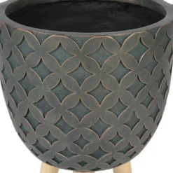 LuxenHome Butterfly Embossed Brown 12.3" Round MgO Planter With Wood Legs -LuxenHome GUEST 8004acf5 e011 4d7e a5f5 665ac6d27c56