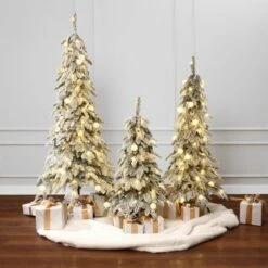 LuxenHome 3-Piece Flocked Artificial Tree Set With Lights And Metal Stand Green -LuxenHome GUEST 803cfeb6 8552 41d1 98c1 4997935d571e