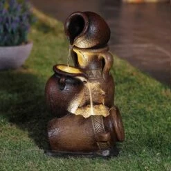 LuxenHome Brown Urns Resin Outdoor Fountain With Lights