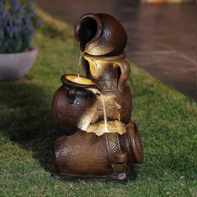 LuxenHome Brown Urns Resin Outdoor Fountain With Lights 1 LuxenHome Brown Urns Resin Outdoor Fountain With Lights
