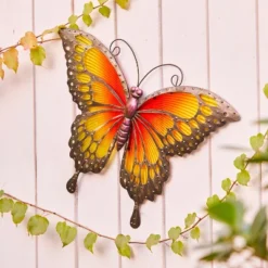 LuxenHome Orange And Yellow Butterfly Metal And Glass Outdoor Wall Decor