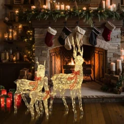 LuxenHome 3-Piece Deer Family Outdoor Holiday Decoration Set With Lights And Timer White, Red -LuxenHome GUEST 84d61ad7 d328 4638 a1f6 80ddca1dc165