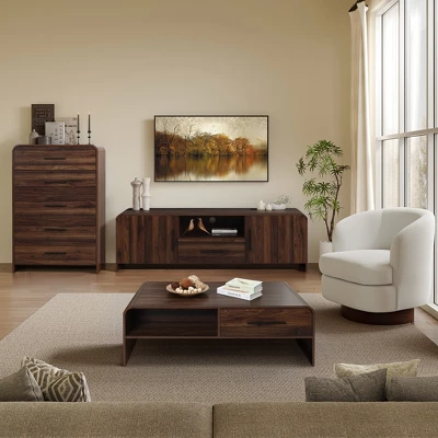 LuxenHome 47'' Coffee Table With Storage, Walnut Finish Wood 2-Drawer Open Storage Center Table With Rounded Corners For Living Room Brown 5 LuxenHome 47'' Coffee Table With Storage, Walnut Finish Wood 2-Drawer Open Storage Center Table With Rounded Corners For Living Room Brown - Image 5