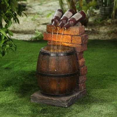 LuxenHome Resin Wine Bottle And Barrel Outdoor Fountain With LED Lights 1 LuxenHome Resin Wine Bottle And Barrel Outdoor Fountain With LED Lights