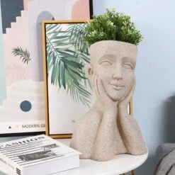 LuxenHome Speckled Beige MgO Happy Bust Head Planter -LuxenHome GUEST 887be074 a1ef 40ca aa73 cb5e065e414c