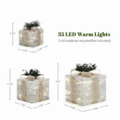 LuxenHome 3-Pc Lighted Silver Tinsel Gift Box Set With Champagne Ribbon, Outdoor Holiday Decoration Silver, Champagne, Green