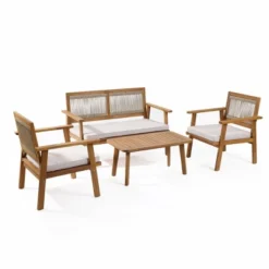 LuxenHome Outdoor Acacia Wood Rope Back 4-Piece Patio Seating With Cushions And Coffee Table Set -LuxenHome GUEST 8a393c21 32b0 4239 981d a824e3d10a52