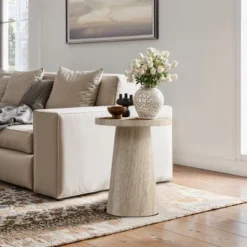 LuxenHome Stone Pattern Manufactured Wood 19.7-Inch Tall Round End And Side Table Beige -LuxenHome GUEST 8bc7cbf4 8ce1 47ea 853b b5201f0ba3e4