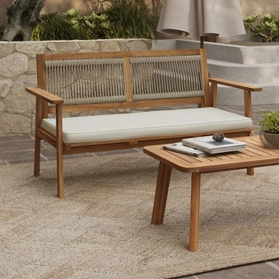 LuxenHome Outdoor Acacia Wood Rope Back Loveseat With Cushions And Coffee Table Set 4 LuxenHome Outdoor Acacia Wood Rope Back Loveseat With Cushions And Coffee Table Set - Image 4