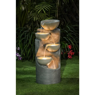 LuxenHome Modern Gray Cement Tiered Bowls Outdoor Fountain With Lights 3 LuxenHome Modern Gray Cement Tiered Bowls Outdoor Fountain With Lights - Image 3