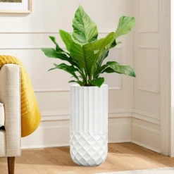 LuxenHome Tall MgO Planter, White Round Pot With Diamond & Fluted Texture