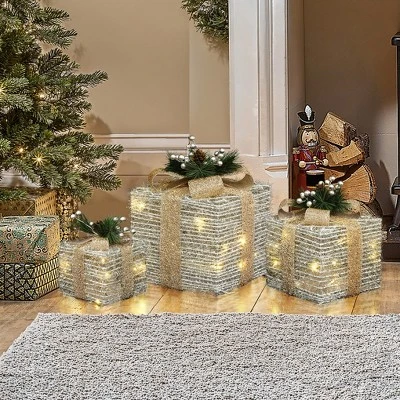 LuxenHome 3-Pc Lighted Silver Tinsel Gift Box Set With Champagne Ribbon, Outdoor Holiday Decoration Silver, Champagne, Green 3 LuxenHome 3-Pc Lighted Silver Tinsel Gift Box Set With Champagne Ribbon, Outdoor Holiday Decoration Silver, Champagne, Green - Image 3
