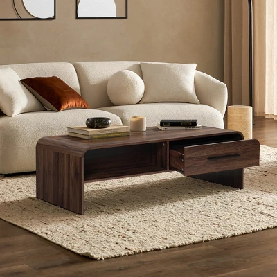 LuxenHome 47'' Coffee Table With Storage, Walnut Finish Wood 2-Drawer Open Storage Center Table With Rounded Corners For Living Room Brown 1 LuxenHome 47'' Coffee Table With Storage, Walnut Finish Wood 2-Drawer Open Storage Center Table With Rounded Corners For Living Room Brown