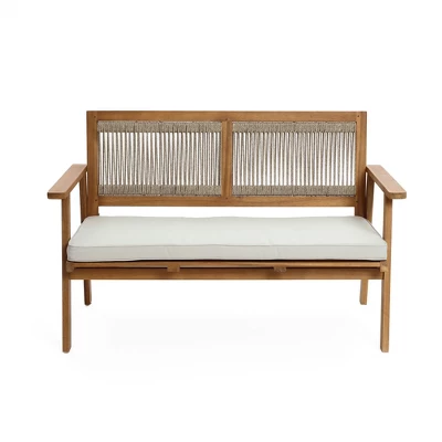 LuxenHome Outdoor Acacia Wood Rope Back Loveseat With Cushions And Coffee Table Set 6 LuxenHome Outdoor Acacia Wood Rope Back Loveseat With Cushions And Coffee Table Set - Image 6