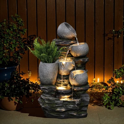 LuxenHome 30" Garden Water Fountain, 4 Tiers Cascading Pots & Rock Cascading Waterfall Fountain Outdoor With LED Lights Gray 2 LuxenHome 30" Garden Water Fountain, 4 Tiers Cascading Pots & Rock Cascading Waterfall Fountain Outdoor With LED Lights Gray - Image 2