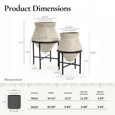 LuxenHome Set Of 2 Indoor Planter Pot, 11 & 16 Inch Novelty Decorative Planters With Black Stands, Distressed Metal Cachepot Flower Pot Beige 2 LuxenHome Set Of 2 Indoor Planter Pot, 11 & 16 Inch Novelty Decorative Planters With Black Stands, Distressed Metal Cachepot Flower Pot Beige - Image 2
