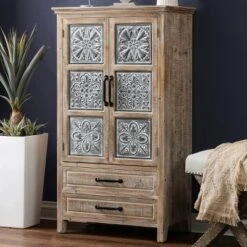 LuxenHome Farmhouse Wood And Metal 2-Drawer 2-Door Storage Cabinet. -LuxenHome GUEST 92ab0d49 1b65 4516 8bed 4b96bddd7e17
