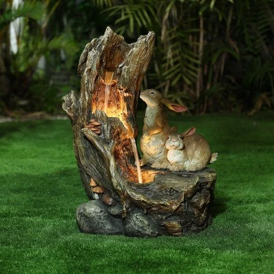 LuxenHome Resin Two Bunnies Tree Stump Outdoor Fountain With LED Lights 1 LuxenHome Resin Two Bunnies Tree Stump Outdoor Fountain With LED Lights