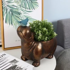 LuxenHome Brown Hippo And Blue Bird MgO Flower Pot Planter -LuxenHome GUEST 93eba16d 567a 4096 b792 cfe4858f01a7