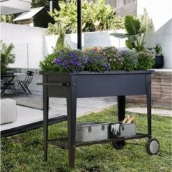 LuxenHome Black Mobile Metal Raised Garden Bed Planter Cart With Legs