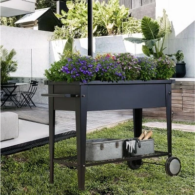 LuxenHome Black Mobile Metal Raised Garden Bed Planter Cart With Legs 1 LuxenHome Black Mobile Metal Raised Garden Bed Planter Cart With Legs