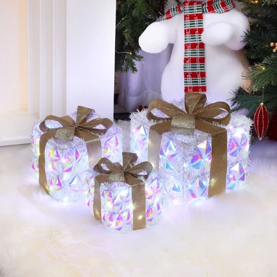 LuxenHome 3-Piece Prism Gift Boxes With Gold Ribbon Holiday Decoration With Lights Multicolored, Gold, White 2 LuxenHome 3-Piece Prism Gift Boxes With Gold Ribbon Holiday Decoration With Lights Multicolored, Gold, White - Image 2