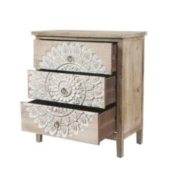 LuxenHome 3-Drawer 28.2" H X 25.2" W Natural Wood White Floral Accent Chest. -LuxenHome GUEST 97d57820 65a2 4fa5 81a2 359dafd4051d