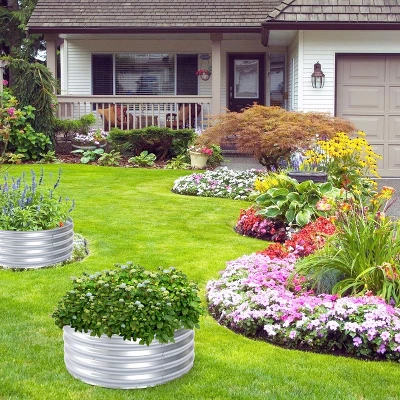 LuxenHome 36in Round Galvanized Steel Raised Garden Bed Planter 2 LuxenHome 36in Round Galvanized Steel Raised Garden Bed Planter - Image 2