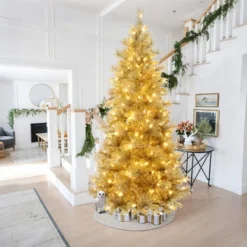 LuxenHome 7.5Ft Pre-Lit Gold Tinsel Artificial Pine Tree With Metal Stand -LuxenHome GUEST 9a15715f 66c7 4691 9381 01822da7205c