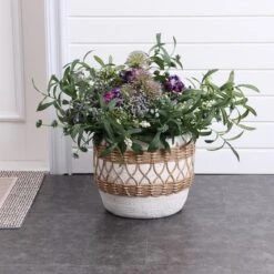 LuxenHome Boho MgO Planter – White Round Pot With Brown Accents & Drainage Hole 11 LuxenHome Boho MgO Planter – White Round Pot With Brown Accents & Drainage Hole -LuxenHome GUEST 9ae072da 3577 4a3f 97ca cf540218035d