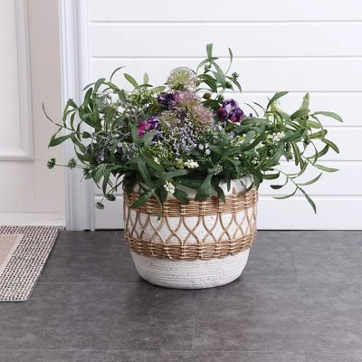 LuxenHome Boho MgO Planter – White Round Pot With Brown Accents & Drainage Hole 3 LuxenHome Boho MgO Planter – White Round Pot With Brown Accents & Drainage Hole - Image 3
