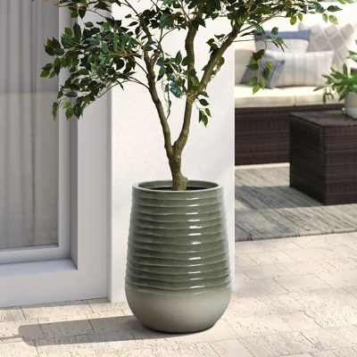 LuxenHome Decorative Resin Planter – Emerald Ribbed Top And Ivory Base With Drainage Hole 1 LuxenHome Decorative Resin Planter – Emerald Ribbed Top And Ivory Base With Drainage Hole