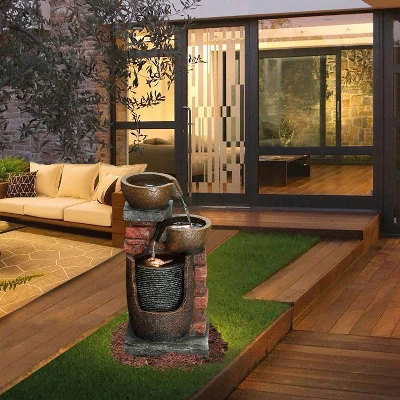 LuxenHome 23" H Bowls And Bricks Resin Outdoor Fountain With Lights Brown 4 LuxenHome 23" H Bowls And Bricks Resin Outdoor Fountain With Lights Brown - Image 4