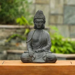 LuxenHome 16.1" Gray MgO Enlightened Buddha Garden Statue