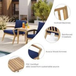 LuxenHome Outdoor Acacia Wood Side Table And Set Of 2 Armchairs With Blue Cushions -LuxenHome GUEST a12dda36 5092 44f8 a468 6da83c9a8ebe
