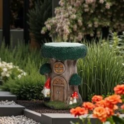 LuxenHome Outdoor Side Table, 17" Green Gnome Tree Stump Cement End Table,Indoor And Outdoor Sculpture Accent Side Table,Garden Decor Stool -LuxenHome GUEST a1767094 db66 42d5 a6ec 50ab118e26c9