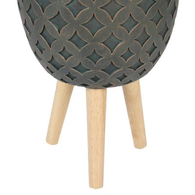 LuxenHome Butterfly Embossed Brown 14.7" Round MgO Planter With Wood Legs 4 LuxenHome Butterfly Embossed Brown 14.7" Round MgO Planter With Wood Legs - Image 4