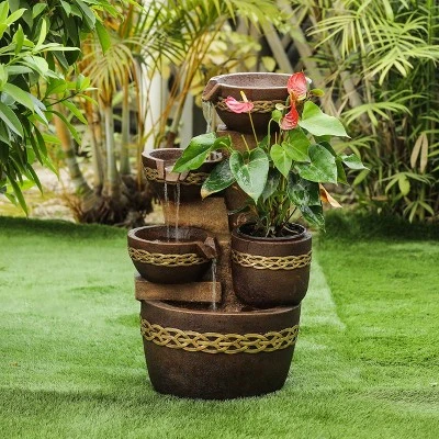 LuxenHome Brown Resin Tiered Bowls And Pot Outdoor Fountain 1 LuxenHome Brown Resin Tiered Bowls And Pot Outdoor Fountain